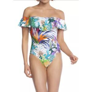 TRINA TURK One Piece Swimsuit Botanical Amazonia Off Shoulder Swimsuit Ruffles 4